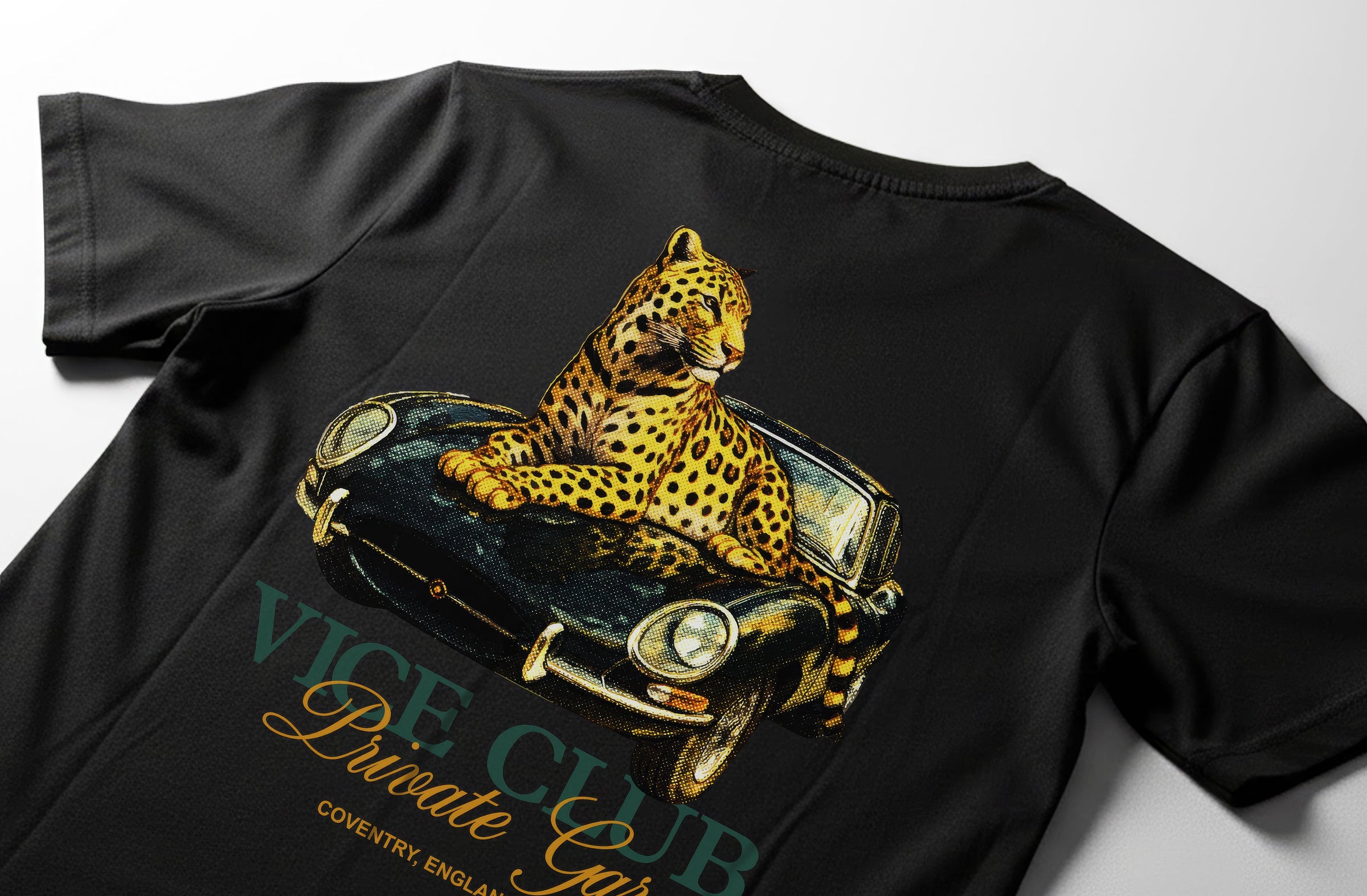 Black Vice Club t-shirt with graphic print featuring playing cards and lifestyle elements, premium cotton fabric in minimal studio setting.