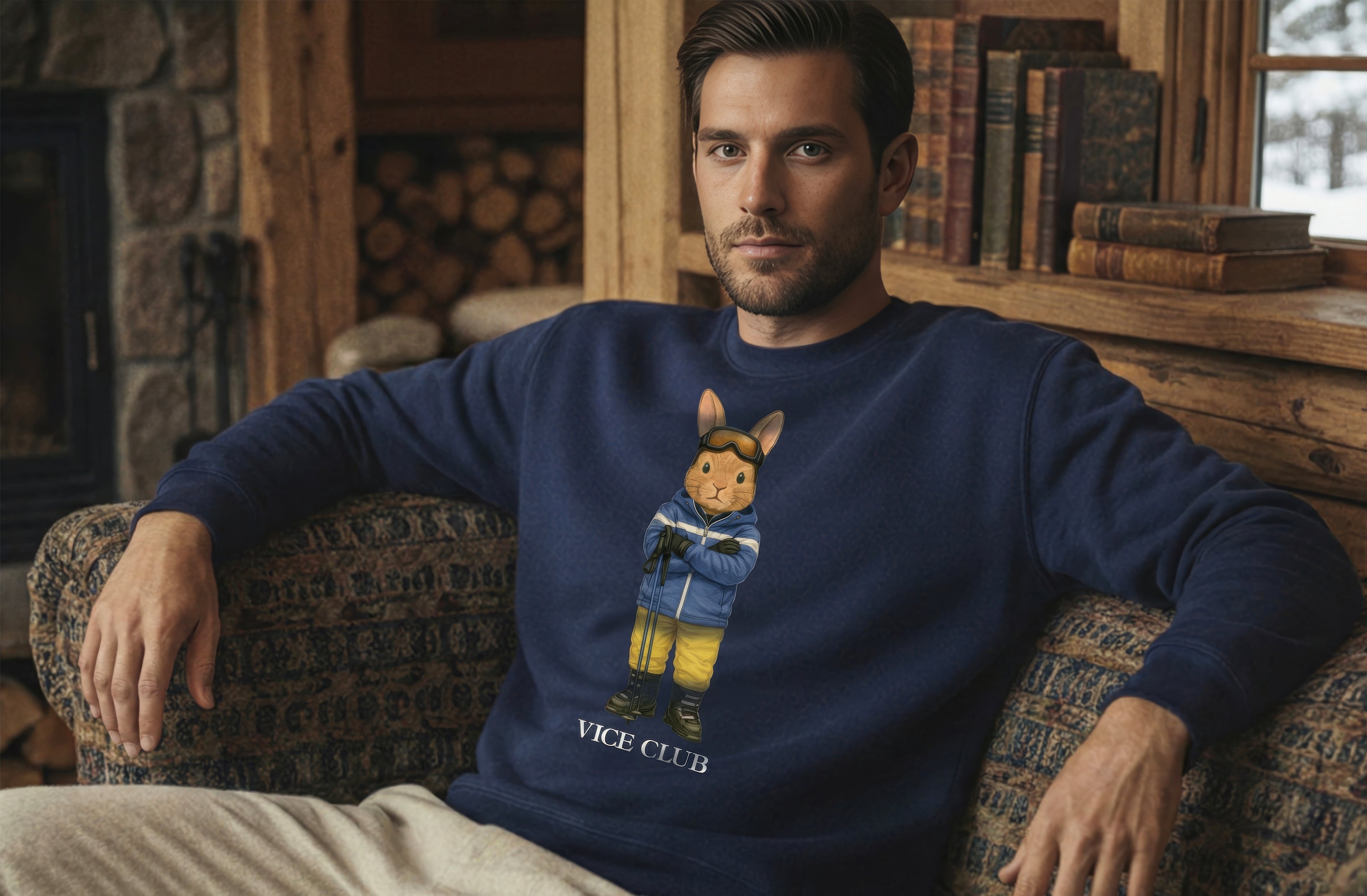 Man wearing navy Vice Club sweatshirt with signature graphic, seated in a refined alpine cabin setting with warm lighting and luxury lifestyle atmosphere.